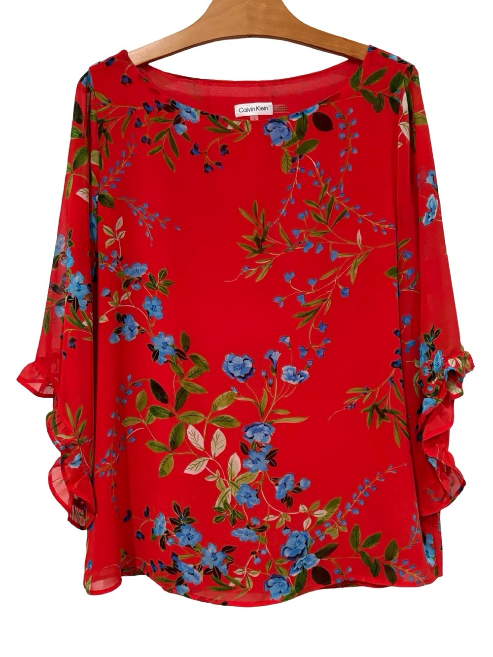 Calvin Klein Red Floral Ruffle 3/4 Sleeve Blouse Large